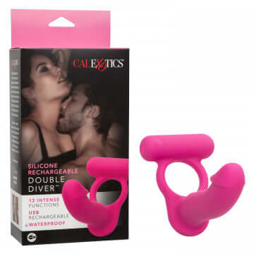 Silicone Rechargeable Double Diver in pink packaging with product details and couple in background.